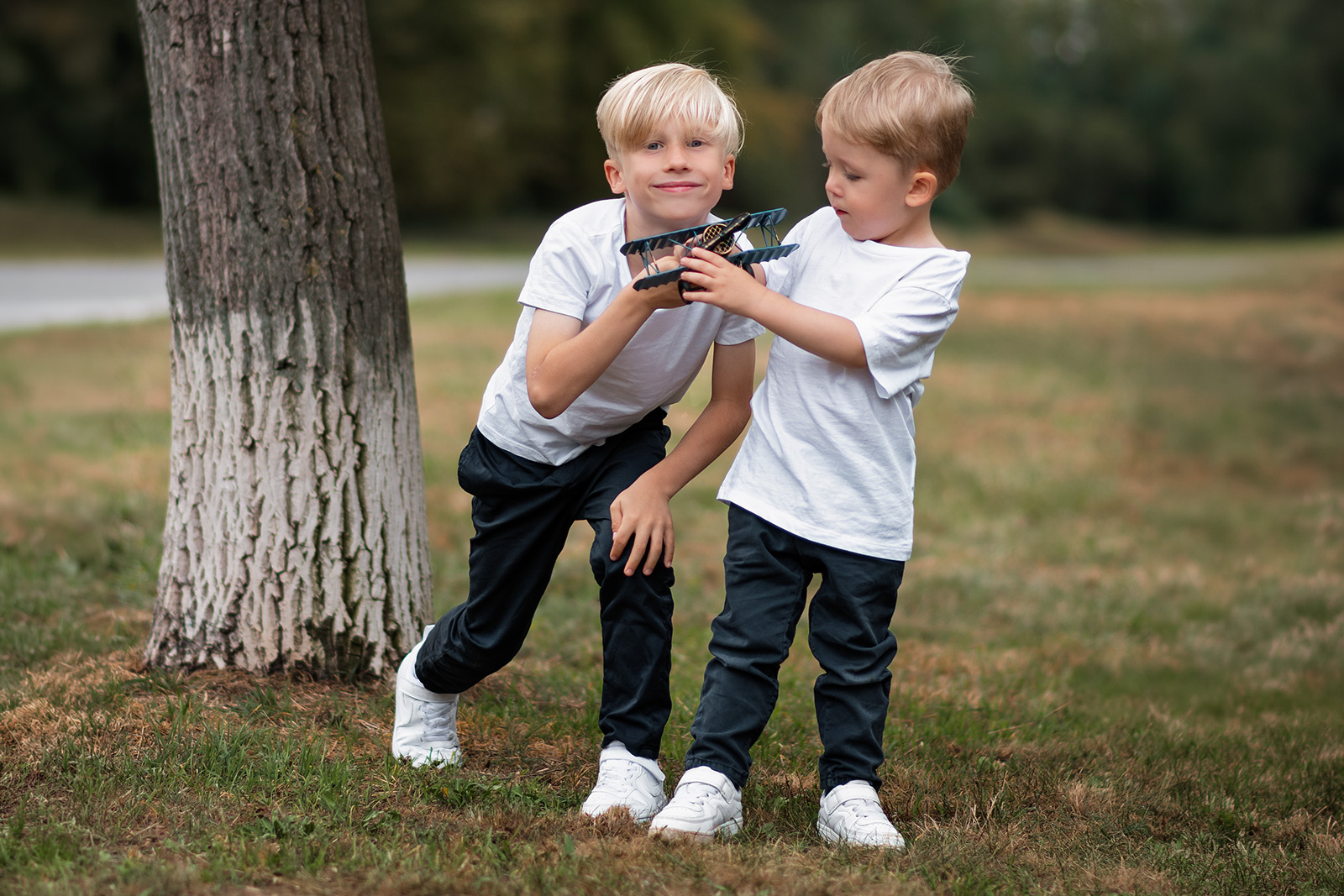 Zwei kleine Brüder spielen gemeinsam mit einem Spielzeugflugzeug auf einer Wiese im Park. Authentische Familienfotografie in Deutschland.
