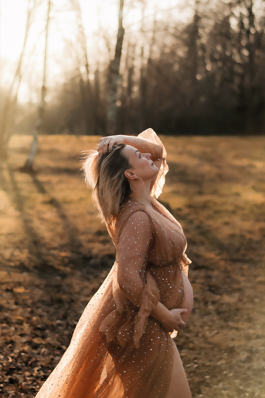 Eine schwangere Frau im transparenten Tüllkleid mit Glitzer posiert im Gegenlicht der Abendsonne auf einer Wiese. Ästhetische Schwangerschaftsfotografie im Freien in Deutschland.